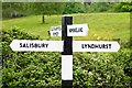 Wooden Road sign at New Road/Forest Road Cross Roads, Landford