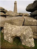 SW6840 : Rocks and monument, Carn Brea by Derek Harper