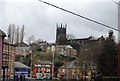 Macclesfield Parish Church on the hilltop from Macclesfield Station.