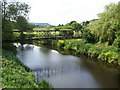 Pipe bridge over river Aire, Stockbridge, Keighley