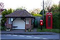 Bus shelter, letter box and telephone box in West Hagbourne