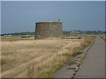 TM3236 : Sea wall footpath by Martello tower by Andrew Hill