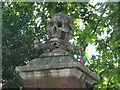 Skull & crossbones on the gatepost at the entrance to St. Nicholas