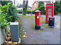 Penfold pillar box, K6 telephone box, a litter bin and a grey box, Evesham Road, Cheltenham