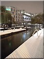 Camden Lock and bridge in snow