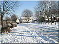 Looking from a snowy Hooks Farm Way towards Harestock Road