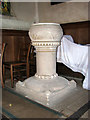 TL8984 : St Andrew's church - Victorian baptismal font by Evelyn Simak