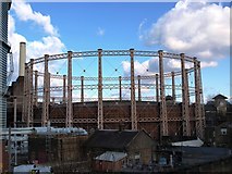 TQ2877 : The southernmost Battersea gasholder from Battersea Park Station by tristan forward