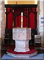 TL9997 : St Peter, Rockland St Peter, Norfolk - Font by John Salmon