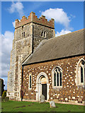 TF6204 : St Mary's church, Wimbotsham - tower and Norman south doorway by Evelyn Simak