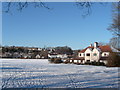 Looking north across snow-bound rugby field