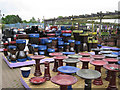 Colourful pots and birdbaths