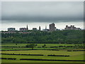 View over Fishwick Bottoms, with spires and towers, hoops plus the lamp standard