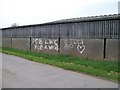 Wedding greetings painted on a roadside farm shed at Llawr-y-dref Bellaf