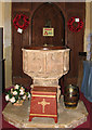 TG5003 : The church of St Nicholas in Bradwell - C15 font by Evelyn Simak