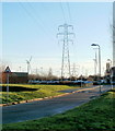 Pylons and wind turbines viewed from Newport International Sports Village