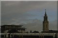 St James, Bermondsey, from the train, on a dark autumn morning