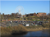 SJ4065 : The Little Roodee car park and the Chronicle Wheel by John S Turner