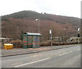 Bus shelter with a hilly backdrop, Cwmcarn