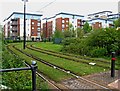 Manchester Metrolink grassed track by Etap Hotel, Salford Quays, Salford