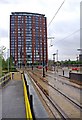 The approach to MediaCityUK Metrolink tram stop, Salford Quays, Salford