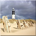 TA4011 : Spurn Lighthouse with worn groynes in foreground by keith britton