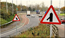 J3776 : "Traffic merging from left" sign, Belfast by Albert Bridge