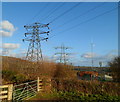 Electricity pylons alongside Old Hereford Road substation, Abergavenny