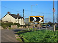 Warning chevron sign on the B4245 at Llanfihangel Rogiet