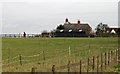 Horses, paddock, farm buildings