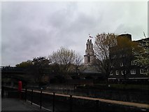 TQ3680 : View of St Anne C of E Church, Commercial Road from the Limehouse Cut by Robert Lamb