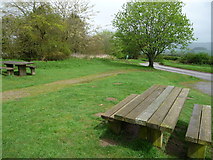 SO3383 : Picnic tables at Bury Ditches car park by Jeremy Bolwell