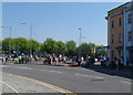 Waiting for the Olympic Torch relay near Octopus Roundabout, Newport