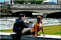 M2924 : Galway - Man & Dog - South of Wolfe Tone Bridge by Joseph Mischyshyn