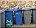 Galleting in a cottage wall at Witley (3) - with wheelie bins