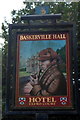 Sherlock Holmes portrayed in the Baskerville Hall Hotel name sign, Clyro