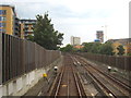 The Docklands Light Railway approaching Elverson Road station