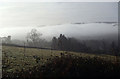 SK2666 : Fields above Rowsley with Derwent valley view in mist by Andrew Hill