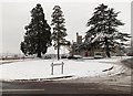 Snowy roundabout, trees and Malpas Court, Oliphant Circle, Newport