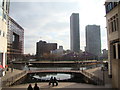 View of Heron Quays from the steps leading down to the dock