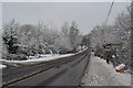 Junction of A36 and Blackhill Road in the snow