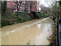 River Leam in spate past Manor Court flats