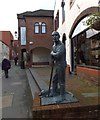 Durngate street and the sculpture of a Dorset shepherd and his dog