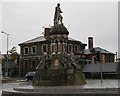 The Crozier Memorial and the former RUC barracks in Church Square, Banbridge