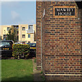 Corner of Mawbey House with bespoke tiled name panel