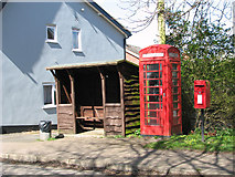 TM2782 : Bus shelter, K6 telephone kiosk and postbox in The Street by Evelyn Simak