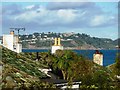 Torbay from Oyster Bend, Green roof tiles, chimney pots and blue sea