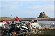 NU1241 : Fishing gear and boats, The Ouse, Holy Island by Rob Noble