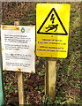 ST2789 : Two warning notices at the southern entrance to Mescoed Mawr by Jaggery