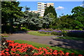 Flower gardens in front of Charlton Lido